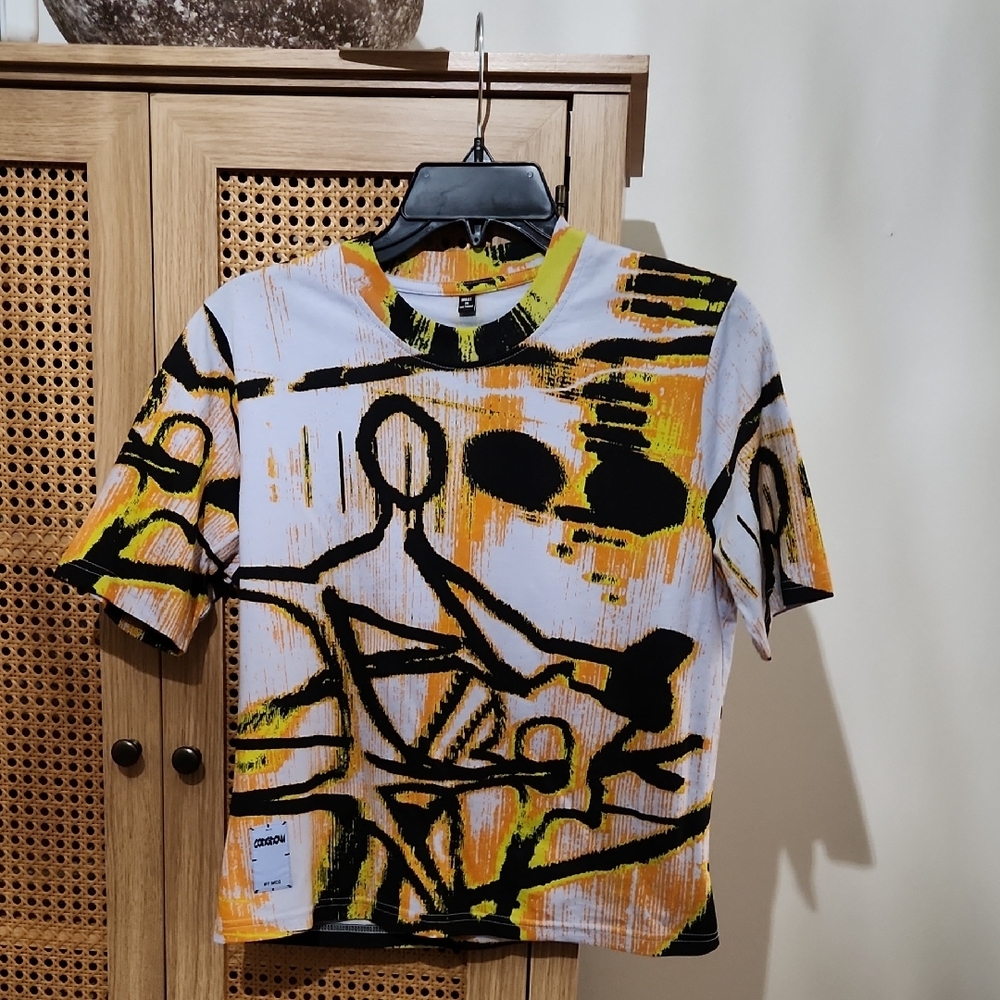 Alexander McQueen White Black Yellow Abstract Short Sleeve Tee - Kids
